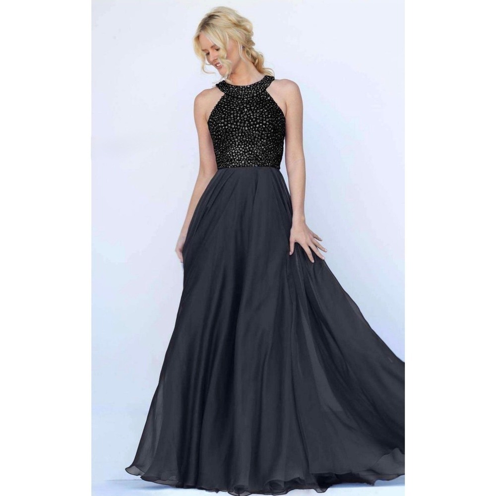 NWT Sherri Hill 50615 Beaded Bodice Chiffon Gown In Black Sz 2 $450